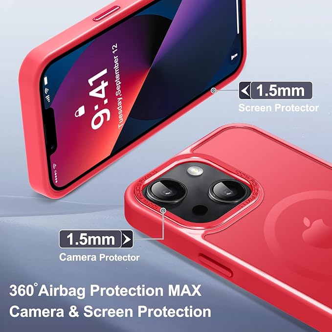 Newfuture Designed for iPhone 13 Case & iPhone 14 Case with Magnetic [13 FT Military Drop Protection] [Compatible with Magsafe] Slim Translucent Shockproof with Anti-Fingerprint Phone Case, Red