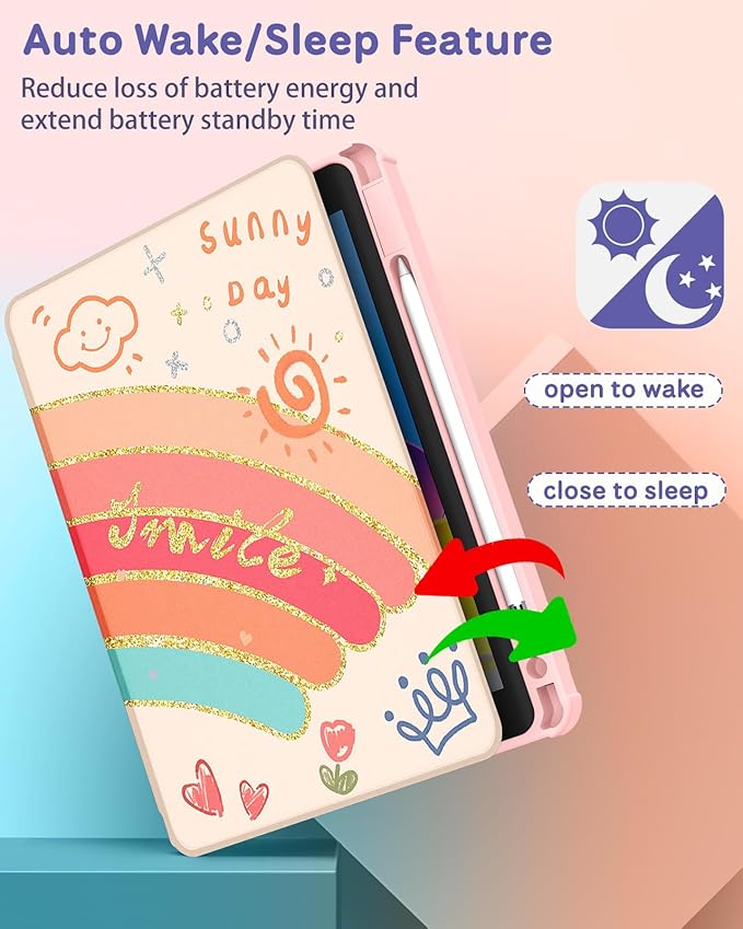 Uppuppy for iPad Pro 12.9 Case Folio Cover with Pencil Holder Girls Women Cute Kids Sun Rainbow Girly Kawaii Smile Pretty Rotating Stand for Apple iPad Pro 12.9 Inch Cases 2022/2021/2020/2018