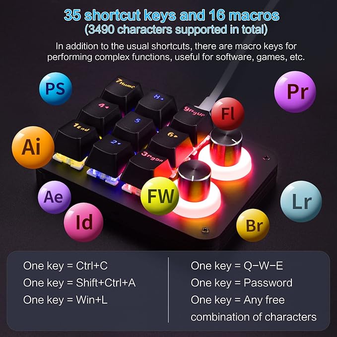 Koolertron 9-Key Mechanical Numpad with 2 Programmable Knobs, LED Backlit Macro Gaming Keyboard, Fully Customizable Numeric Keypad for PC