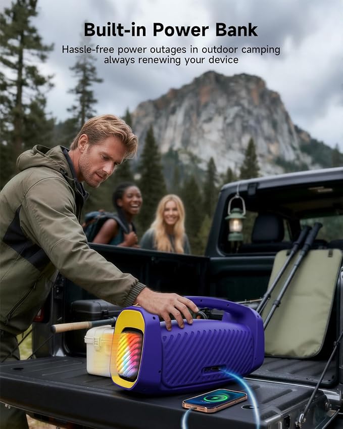RWN Outdoor Bluetooth Speaker: 160W Loud Sound, IP67 Waterproof with 24H Playtime, Fast Charge, Bass, TWS, Portable Wireless Speakers with Light Show for House, Party, Projector, Beach (PURPLE+YELLOW)