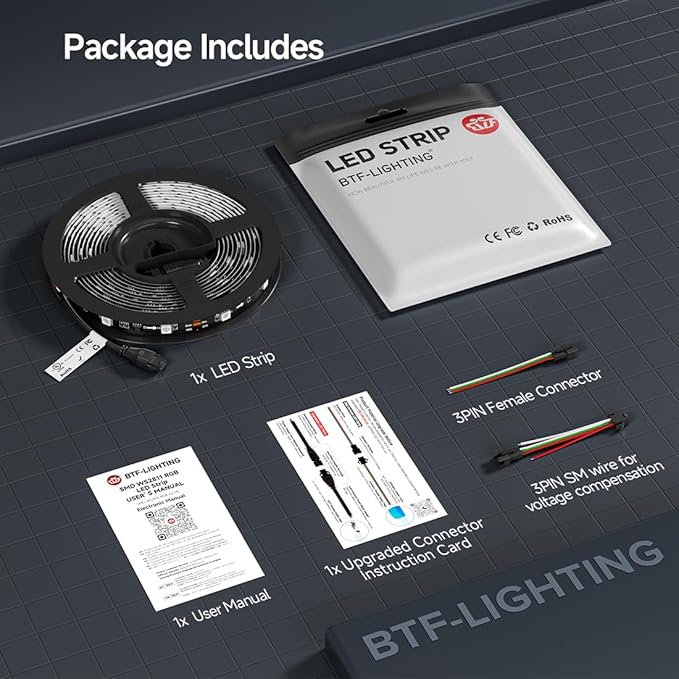 BTF-LIGHTING UL Listed WS2811 IC=RGB+IC Addressable Color RGB LED Strip,16.4FT 30LED/m 10Pixels/m,IP30 Black PCB Flexible DC12V Chasing Effect for Indoor Home Decor,3M Tape(No Adapter or Controller)