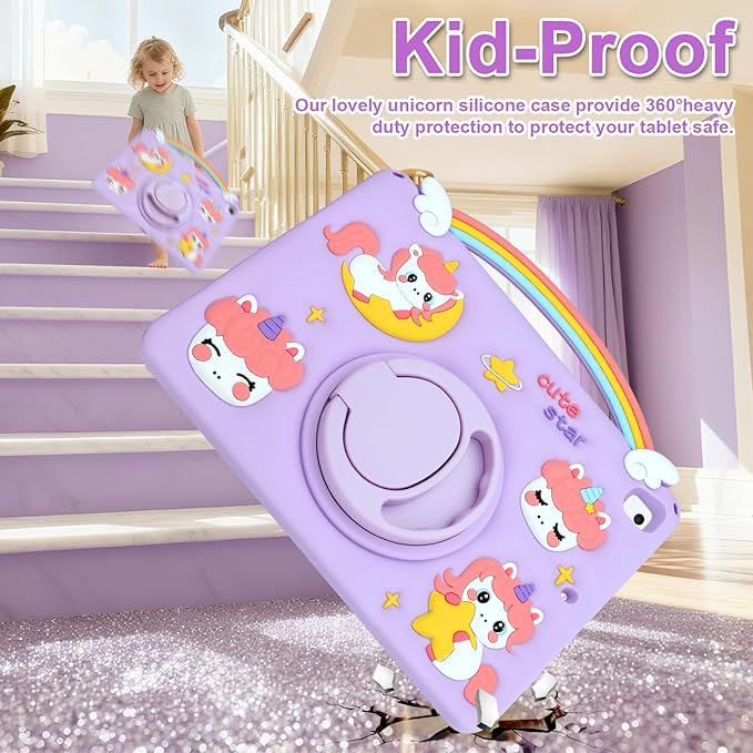 HianDier for iPad 9th 8th 7th Generation Case Kids Girls Cute Unicorn with Rainbow Handle Detachable Lanyard Rotatable Kickstand Shockproof Protective Cover for iPad 10.2 Case 2021 2020 2019-Purple