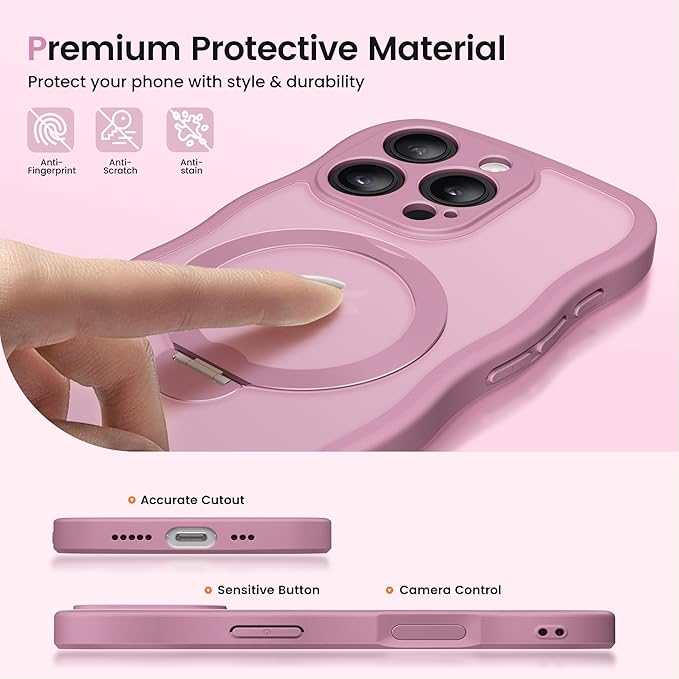 CAPRARO for iPhone 16 Pro Case with 360° Spin Magnetic Stand for Women, [Compatible with MagSafe] [Full Camera Protection] Cute Wave Translucent Matte Case for iPhone 16 Pro, Black Currant