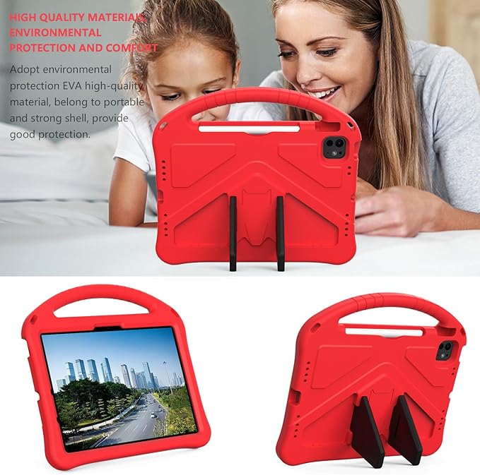 Kids Case for iPad Air 11 inch M4/M3/M2 (2026/2025/2024) & iPad Pro 11 inch M5/M4 (2025/2024) with Pencil Holder/Handle Kickstand/Lightweight Soft EVA Shockproof Boy Girl Stand Cover, Red
