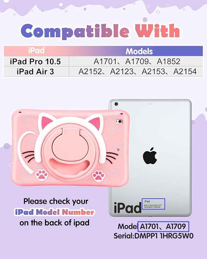 Wazzasoft for iPad Air 3rd Generation Case, Pro 10.5” Case Girls Cute Cat Kawaii Cover Girly 3D Cartoon with Rotating Handle Stand & Strap Soft Silicone Funda for Apple iPad Air 3, Pro 10.5 Cases