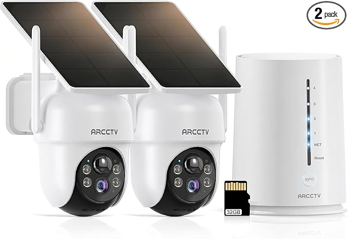 ARCCTV Solar Security Cameras Wireless Outdoor, No Monthly Fee, 2-Camera 2K Home Security Camera System with Base Station, Local Storage, PIR Motion Alerts, Color Night Vision