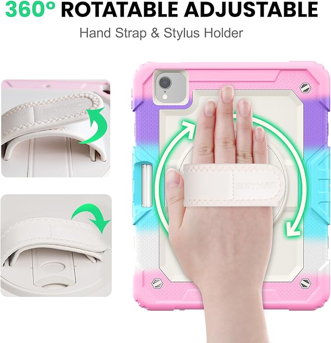 SEYMAC Case for iPad Air 5th/ 4th Generation 10.9", Full-Body Shockproof Protective Case with Screen Protector, Rotating Stand/Handle/Shoulder Strap/Pencil Holder for iPad Air 5/ Air 4, Colorful/Pink