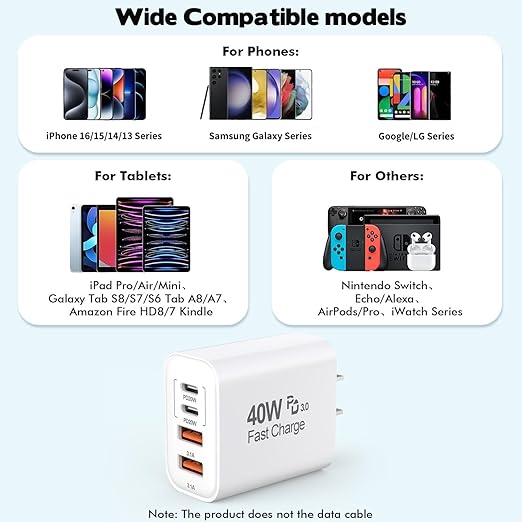 40W iPhone 16 15 Charger Block, 2 Pack USBC Charger Fast Charging Cube, 4Ports USB Type C Wall Charger PD&QC Apple Adapter Multiport Brick Apple Box for iPhone 16/15/14/13/12/11/Pro Max/XS/X, iPad Pro