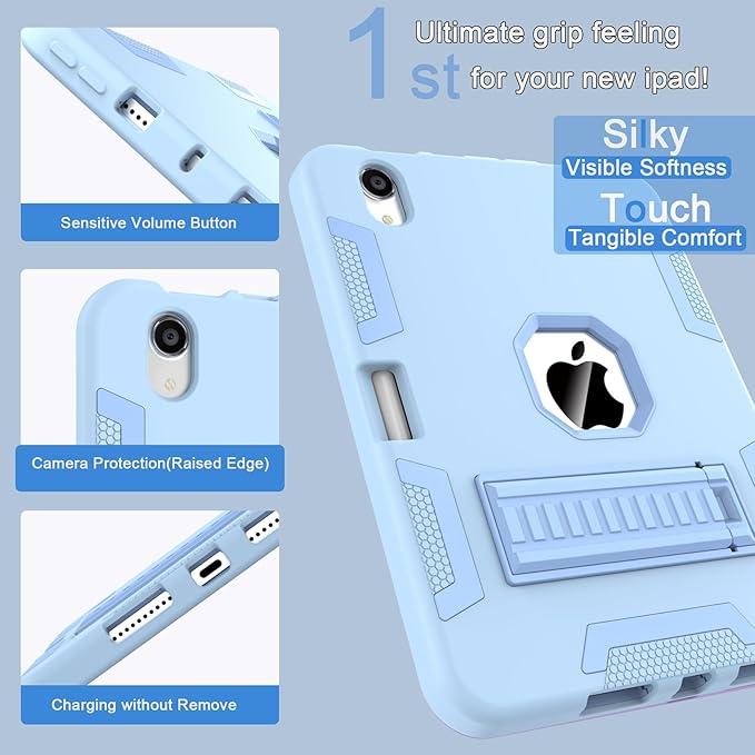 CCMAO for iPad mini 7 A17 Pro Case, iPad mini 6th/7th Generation Case (2021/2024), with Pencil Holder and Kickstand, Heavy Duty Shockproof Hybrid Three Layer Protective Cover, Light Blue