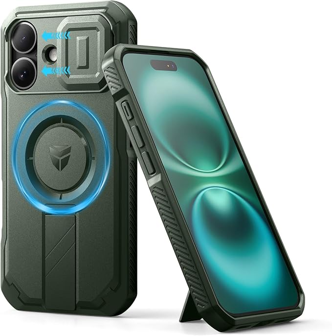 Dexnor for iPhone 16 Case with Slide Camera Cover & Adjustable Kickstand, Magnetic Rugged Shockproof Bumper Cases Heavy-Duty Magnetic Protective Cover,Army Green