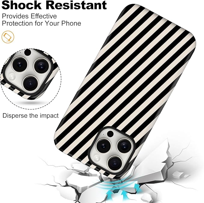 Magnetic for iPhone 15 Pro Max Case Cute Diagonal Stripes Phone Case, Shockproof Slim TPU and Hard PC Protective Phone Cover Compatible with MagSafe Designed for Women Girls,Black and White