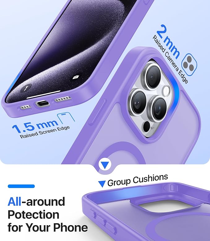 Magnetic for iPhone 15 Pro Case,[Compatible with MagSafe][Military-Grade Drop Protection][Anti-Yellowing]Shockproof Protective Translucent Matte Cover for iPhone 15 Pro Phone Case,Light Purple