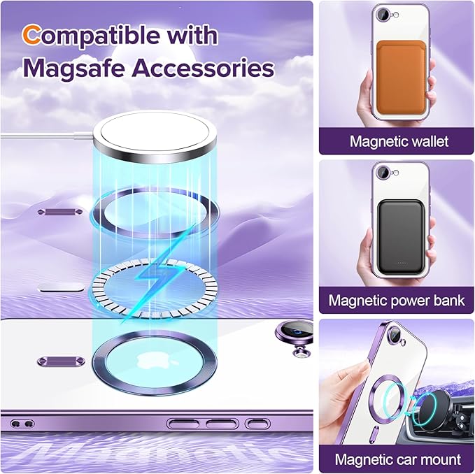 Hython Magnetic Clear for iPhone 17e Case with Camera Lens Protector [Compatible with MagSafe] Luxury Plating Edge Slim Soft TPU Cover Protective Phone Case for iPhone 17e 6.1", Deep Purple