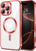 Hython Magnetic Clear for iPhone 16 Pro Case with Camera Lens Protector [Compatible with MagSafe] Luxury Plating Edge Slim Soft TPU Cover Protective Phone Case for iPhone 16 Pro 6.3", Red