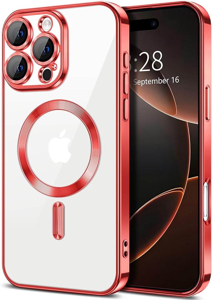 Hython Magnetic Clear for iPhone 16 Pro Case with Camera Lens Protector [Compatible with MagSafe] Luxury Plating Edge Slim Soft TPU Cover Protective Phone Case for iPhone 16 Pro 6.3", Red