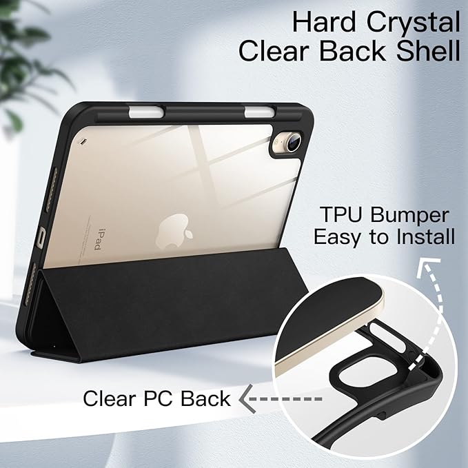 JETech Case for iPad mini (A17 Pro, 2024 Model, 7th Generation) / mini 6 (2021 Model, 6th Generation) with Pencil Holder, Clear Back Shell Stand Shockproof Tablet Cover, Auto Wake/Sleep (Black)