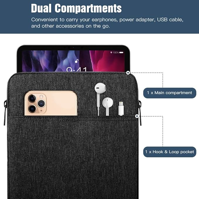 TiMOVO 9-11" Tablet Sleeve Bag for iPad 11-inch A16 2025, iPad 10.9"/10.2"| Air 11 Inch/5th/4th Gen. 10.9", Galaxy Tab A9+/A11Plus 11", Protective Bag Fit Smart Keyboard, Black