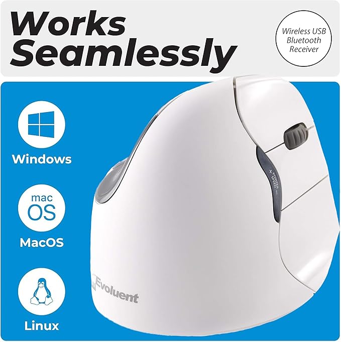 Evoluent – Inventor of The Vertical Mouse – VM4RB Ergonomic Vertical Mouse White Bluetooth for Mac, Right Hand Med to Large, Sculpted for Comfort, Reduces Wrist Strain, 4 Speeds, Plug-N-Play