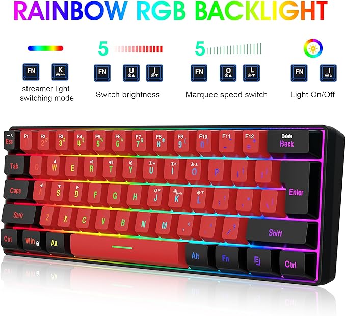 Snpurdiri 2.4G Wireless Gaming Keyboard and Mouse Combo, 60 Percent Wireless Keyboard and Ergonomic Vertical Feel Small Mouse (Black and Red)