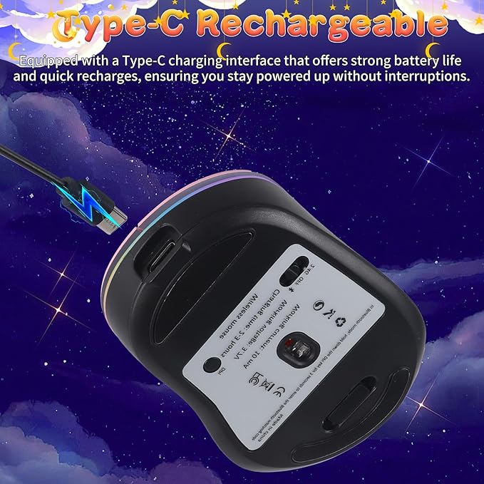 elec Space Bluetooth Wireless Mouse with Starry Sky RGB Backlight - Ergonomic Dual Mode Rechargeable Mouse, Type-C Charging - Perfect for Office, Gaming & Travel (Pink)