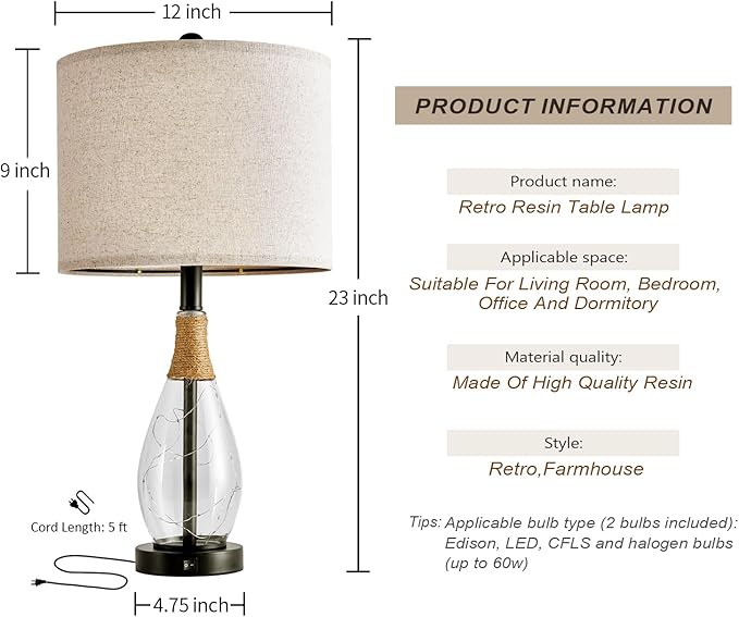 OYEARS 23" Table Lamps for Living Room Set of 2 Bedside Lamps for Night Stands Bedroom Lamps Farmhouse Rattan Boho Lamp Glass Nightlight End Table Lamp with USB C+A (Black),Two Light Points