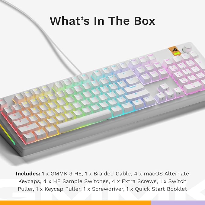 Glorious Gaming - GMMK 3 HE Rapid Trigger Keyboard, Hall Effect, 8K Polling Rate, MX Mechanical & Magnetic Switches, Hotswappable 100% Keyboard, Modular Gasket System, Doubleshot PBT keycaps (White)