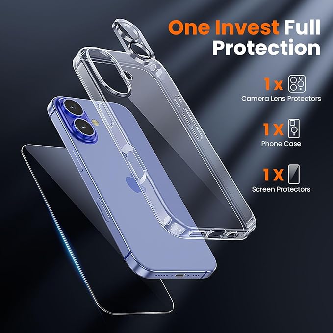 toushion 3 in 1 for iPhone 16 Case Clear,[Yellowing-Resistant Acrylic Back] Screen Protector *1 & Camera Lens Protector*1, Shockproof for iPhone 16 Phone Case 6.1 inch Clear
