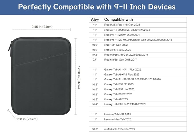 Dadanism 9-11" Tablet Sleeve Bag Carrying Case for iPad (A16) 11th Gen 11", iPad 10th Gen 10.9" Air 5/4, iPad Air M4/Pro 11", iPad 9/8/7th, Galaxy Tab A11+ Plus 11", Remarkable 2 10.3", Black & Gray