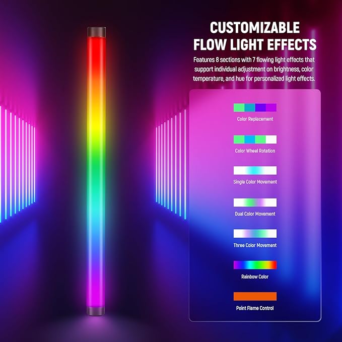 NEEWER TL60 RGB Tube Light, 20W Full Color LED Video Wand, APP/2.4G/DMX Control, 7 Pixel Effects 2500-10000K CRI97+, Radio Frequency, with Adapter, Mount, Cable, Bag