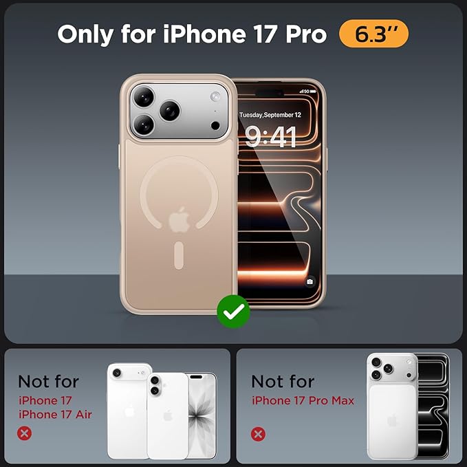 Miracase Magnetic for iPhone 17 Pro Case 6.3" with Screen Protector, [Compatible with MagSafe] Military-Grade Protection, Anti-Fingerprint, Slim Thin Phone Case for 17 Pro Cover, Khaki Gold