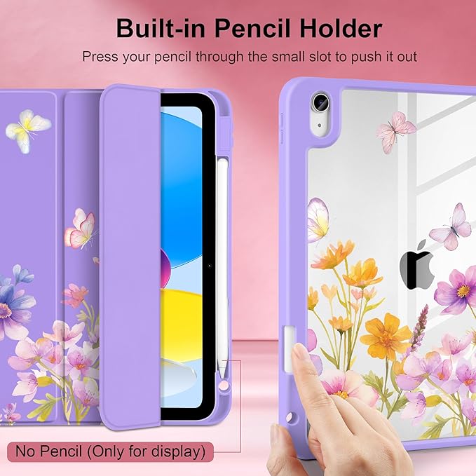 Case for iPad Air 11 inch M4 2026 M3 2025 M2 2024,iPad Air 5th (2022) / 4th (2020) 10.9 Inch Clear Back Shell Lightweight TPU Trifold Stand Auto Wake Sleep Cute Cover, Watercolor Flower