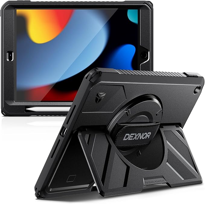 Dexnor Case for iPad 9th/8th/7th Generation 10.2 inch, Rugged Protective Case with 360° Rotating Hand Strap & Large Stand & Screen Protector & Pencil Holder Shockproof Full-Body Bumper Cover, Black
