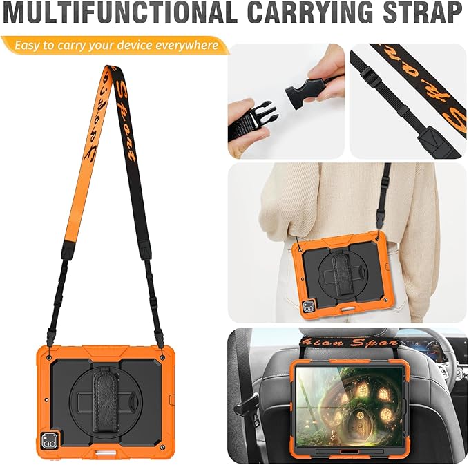 HXCASEAC Case for iPad Pro 12.9 Case (6th 5th 4th 3rd Generation), Shockproof Design | Pencil Holder | Hand Strap | Screen Protector | Heavy Duty Protective iPad 12.9 inch 2022/2021/2020/2018, Orange