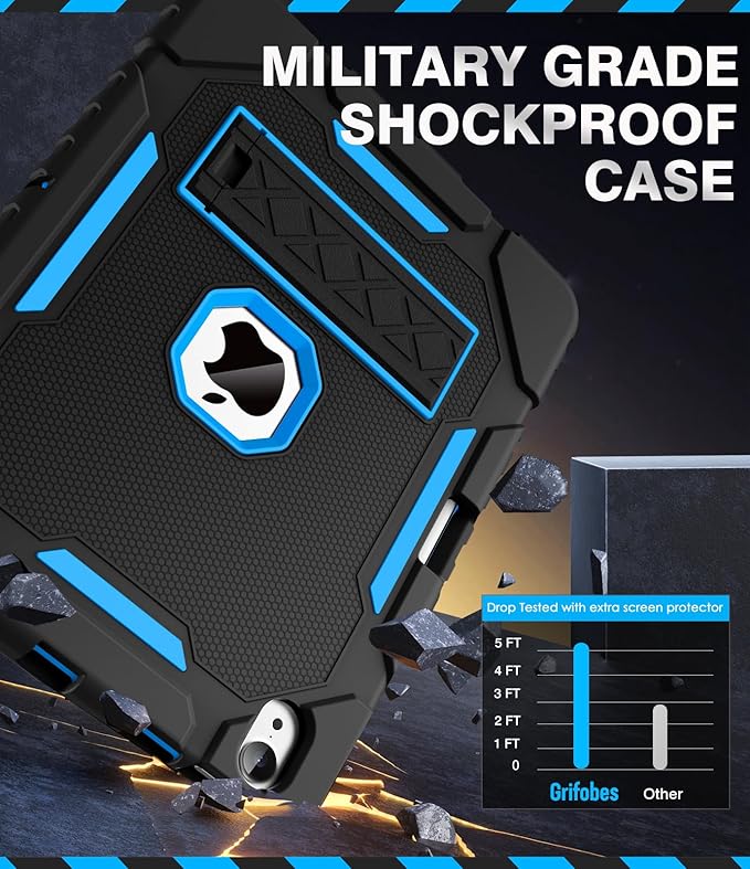 Grifobes Case for iPad Air 11-inch (M4/M3/M2) 2026/2025/2024, for iPad Air 5th/4th Generation 2022/2020 10.9", Heavy Duty Rugged Cover with Stand/Pencil Holder for i Pad Air 5 4 Gen(Black+Blue)