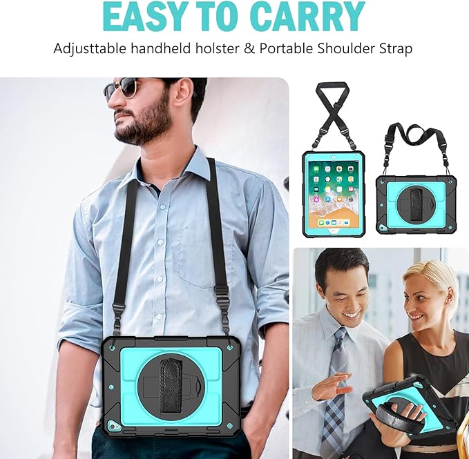 BMOUO Case for iPad 6th 5th Generation (9.7 inch, 2018/2017), 3 Layer Shockproof [360 Swivel Stand][Hand Strap][Pencil Holder] Kids Case for iPad 9.7 inch 2018/2017,Sky Blue