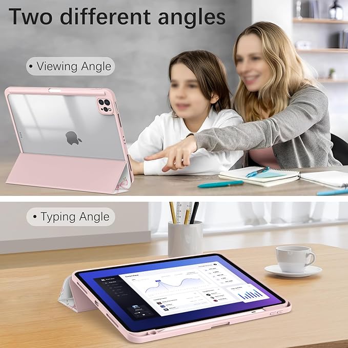 Case for iPad Pro 11 inch 4th/ 3rd/ 2nd / 1st Generation (2022/2021/2020/2018), Case with Pencil Holder, Clear Back Cover Cute Cool Design for Women Girls, Auto Sleep/Wake, Bow Tulip