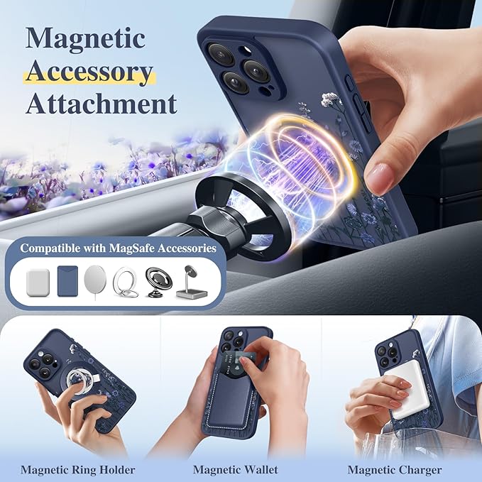 GVIEWIN for iPhone 16 Pro Case Compatible with MagSafe, [Military Grade Protection] [Screen Protector] Full Camera Protection Floral Translucent Women Magnetic Phone Case, Floratopia/Blue