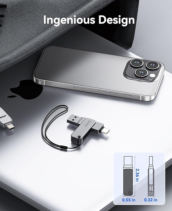 ORICO 64GB Dual USB-C USB-A Flash Drive 150MB/s High Speed USB 3.0 Memory Stick, Zinc Alloy Rotating Design, Compatible with iPhone 15/16/17, Android, Mac, PC, Car Audio – Plug & Play