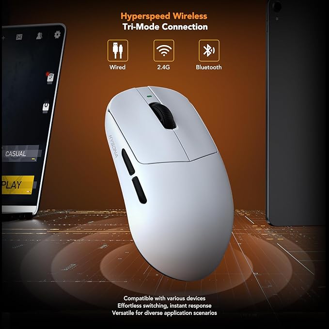KYSONA Wireless Gaming Mouse with Charging Dock，Lightweight 42g, 24000 DPI, Wired/Bluetooth/2.4G Optical Mice, Long Battery Life, Compatible with PC/Mac - White