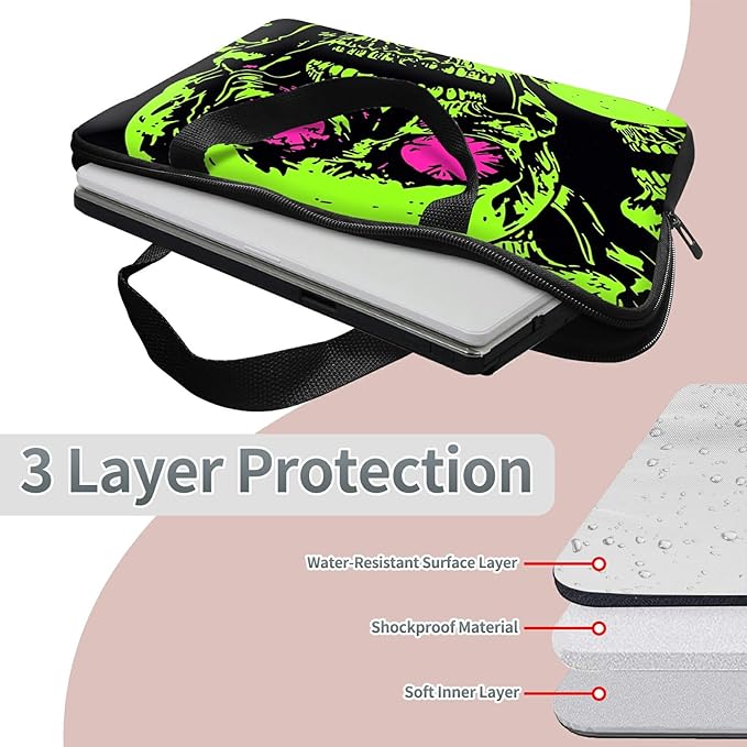 Laptop Sleeve Case Bag 15 inch, Neon Green Skull Slim Carrying Case Handbag Travel Laptop Bag for 15 inch MacBook Air M3/M2/15 Pro/Surface Laptop 7/6/5/4/3/ Dell XPS 15 Plus