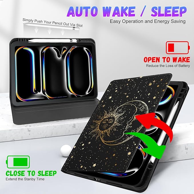 Uppuppy for iPad Pro 13 Inch Case 2024 - Women Girls Cute Folio Smart Cover with Pencil Holder Sun Moon Star Black Girly Pretty Unique for iPad Pro M4 13 Inch Cases A2925 A2926 A3007
