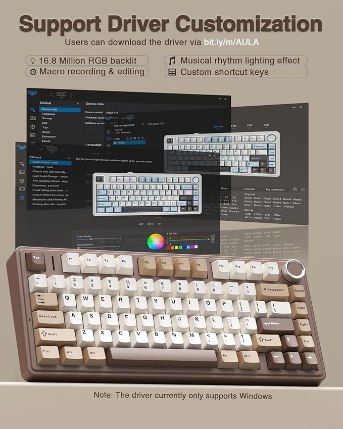 AULA F75 75% Wireless Mechanical Keyboard, Hot Swappable Creamy Keyboard, Pre-lubed Linear Switches, 2.4GHz/Type-C/BT5.0, RGB Backlit Gaming Keyboards(White&Brown)