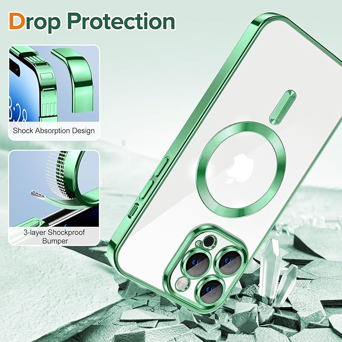 Hython Magnetic Clear for iPhone 14 Pro Case with Camera Lens Protector [Compatible with MagSafe] Luxury Plating Edge Slim Soft TPU Cover Protective Phone Case for iPhone 14 Pro 6.1", Light Green