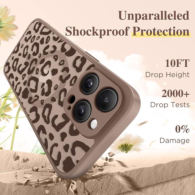 GVIEWIN for iPhone 16 Pro Max Case Compatible with MagSafe, [Military Grade Protection] [Screen Protector] Full Camera Protection Floral Translucent Women Magnetic Phone Case, Leopard/Brown