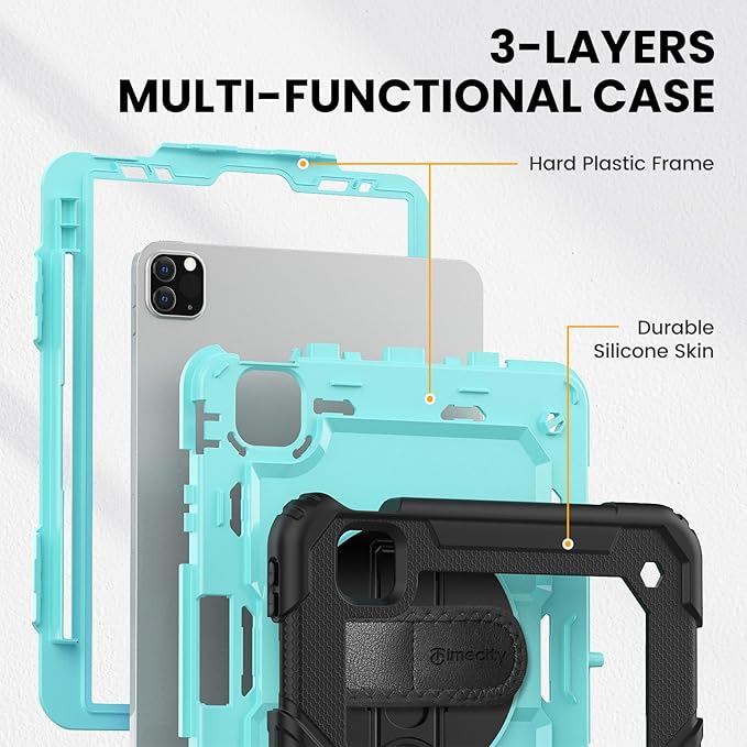 Timecity Case for iPad Pro 11 inch 2022/2021 (4th/ 3rd Generation), Shockproof with Screen Protector, Swivel Stand, Handle, Shoulder Strap, Pencil Holder Case for iPad Pro 11 Inch- Light Blue