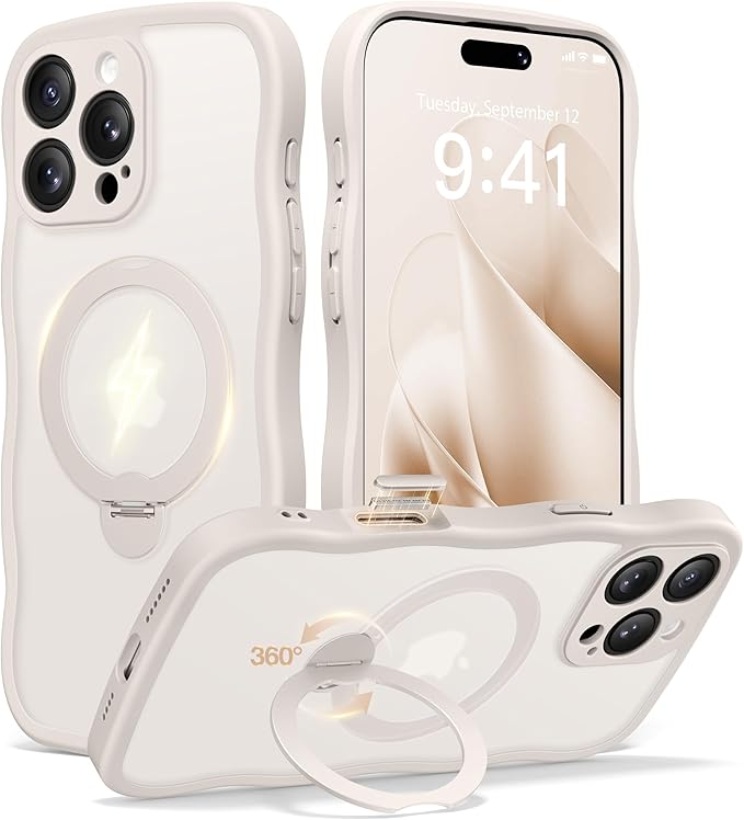 CAPRARO for iPhone 16 Pro Case with 360° Spin Magnetic Stand for Women, [Compatible with MagSafe] [Full Camera Protection] Cute Wave Translucent Matte Case for iPhone 16 Pro, Stone