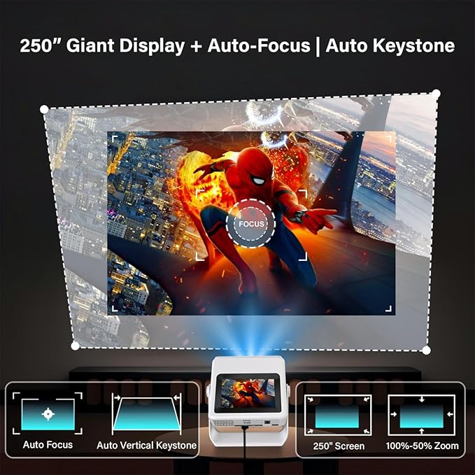 4K Support Native 1080P Touch Screen Projector with WiFi Bluetooth, Auto Focus Smart Portable Game Projector, Built-in Apps Mini Outdoor Movie Projector for Bedroom Home Theater
