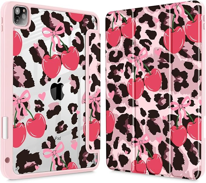 Mektron Case for iPad Pro 11 inch Case M2 2022 Generation 4th, Fit 2021 2020 2018 iPad Pro 11" (3rd, 2nd & 1st Gen) -Buit in Pencil Holder with Shockproof Cover Clear Shell, Cherry & Cheetah