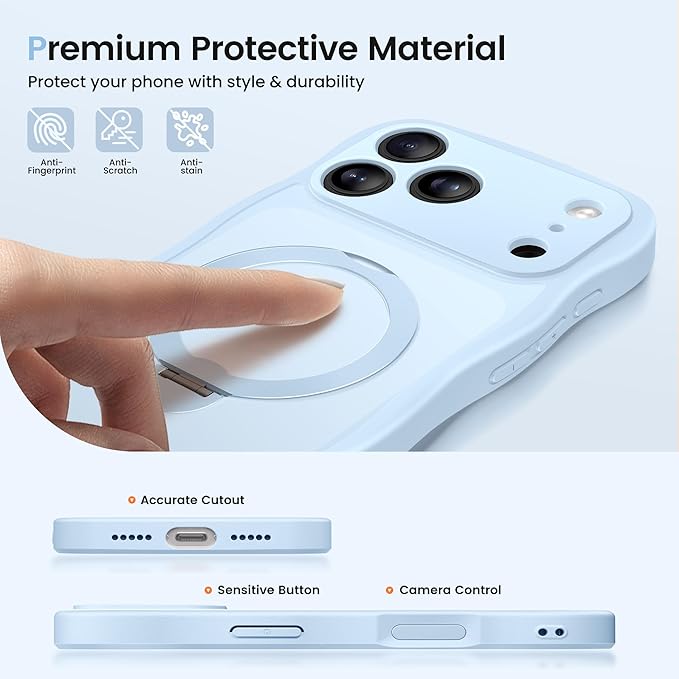 CAPRARO for iPhone 17 Pro Case with 360° Spin Magnetic Stand for Women, [Compatible with MagSafe] [Full Camera Protection] Cute Wave Translucent Matte Case for iPhone 17 Pro, Light Blue