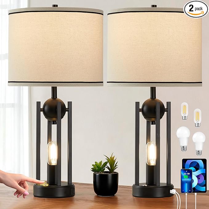 25'' Farmhouse Table Lamps for Living Room Set of 2 with USB C+A Ports, Vintage Bedside Lamp for Bedroom, Touch Lamps for Nightstand, Dual Lights Independent Switch, 4 Bulbs Included, Black